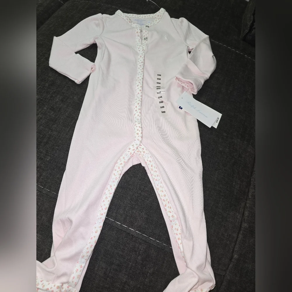 Ralph Lauren Light Pink Footie with Floral Trim